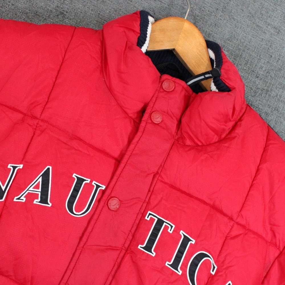 Nautica Boys Red Puffer Jacket Fleece Lined Embroidered Logo Size L 14/16
